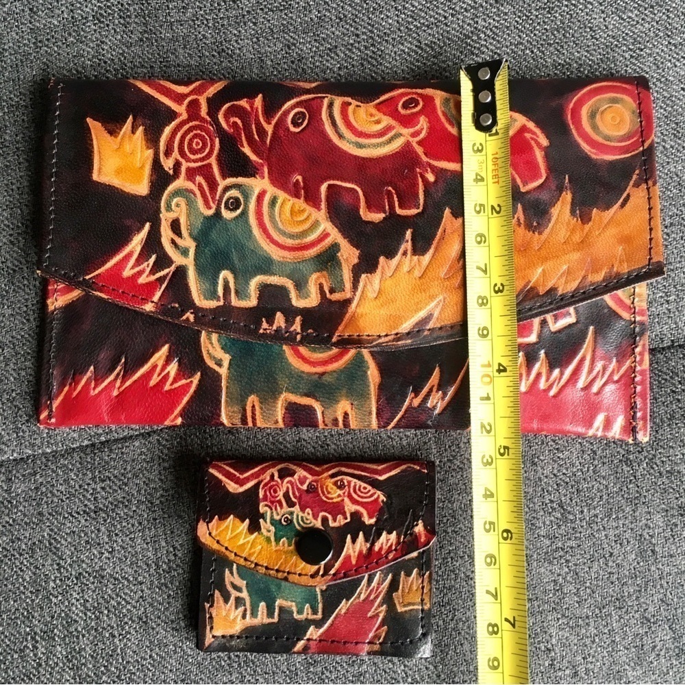 Colorful Elephant Wallet Clutch with Matching Coin Purse, Genuine Leather, Brown - Picture 15 of 17